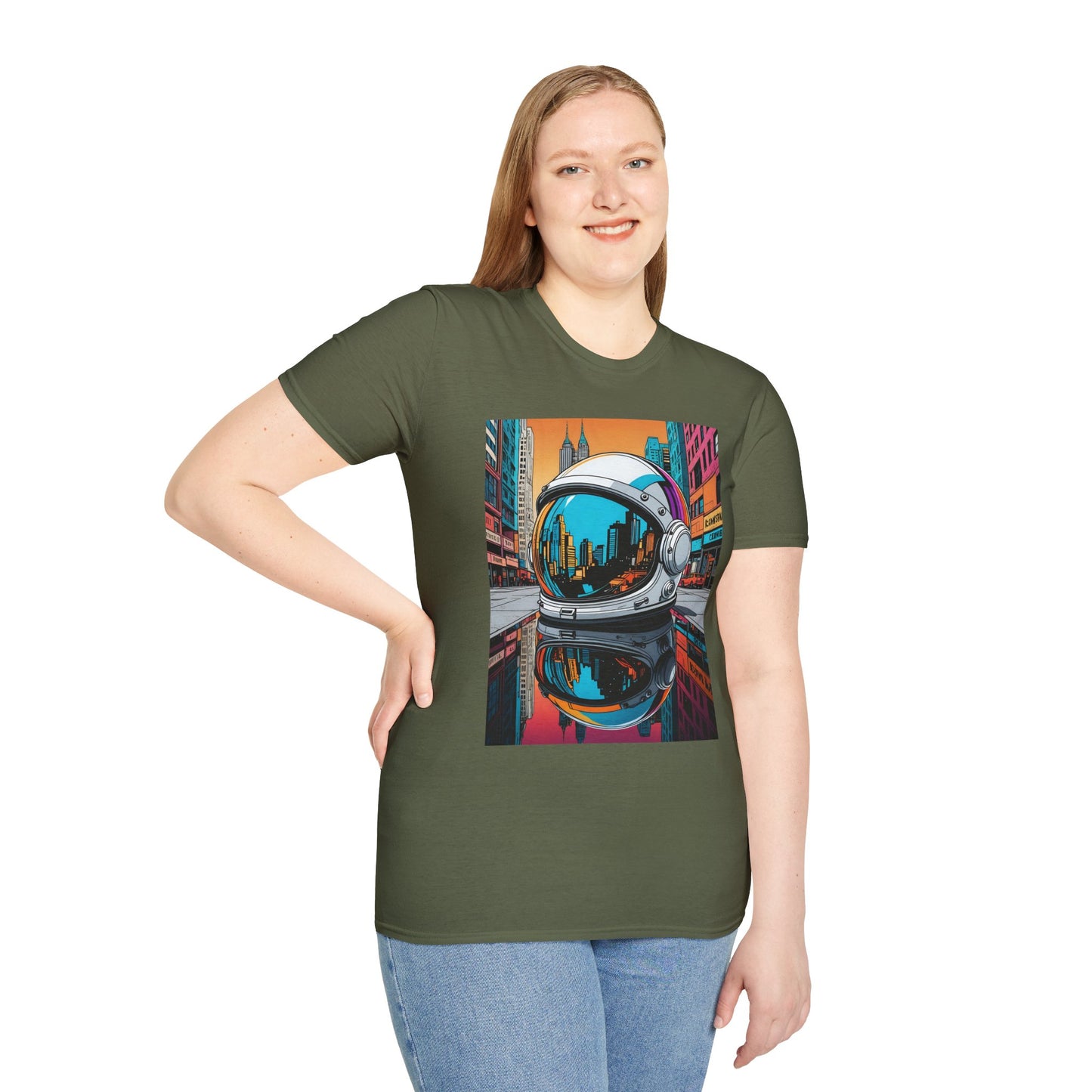 City Astronaut Reflection T-Shirt – Urban Space Art Tee – Gift for Sci-Fi Fans, Streetwear Addicts, and Cosmic Daydreamers