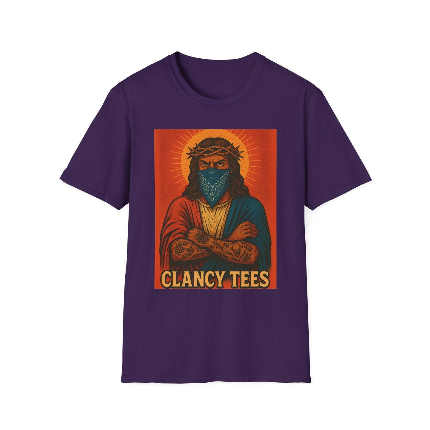 Gangsta Jesus Tattoo Shirt – Bold Religious Parody Tee with Face Mask – Street Art Style Graphic – Gift for Rebels, Sinners, and Faithful Rule-Breakers