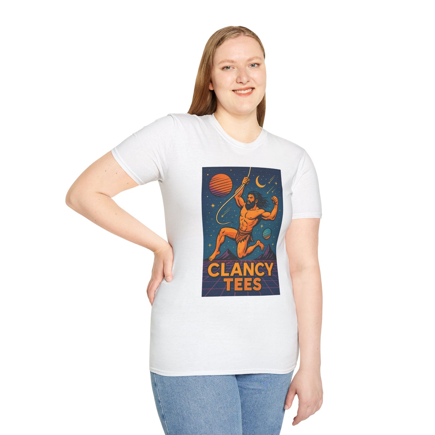 Retro Space Graphic Unisex Softstyle T-Shirt, Fun Casual Wear, Gift for Space Lovers, Cute Vintage Tee, Everyday Comfort Shirt