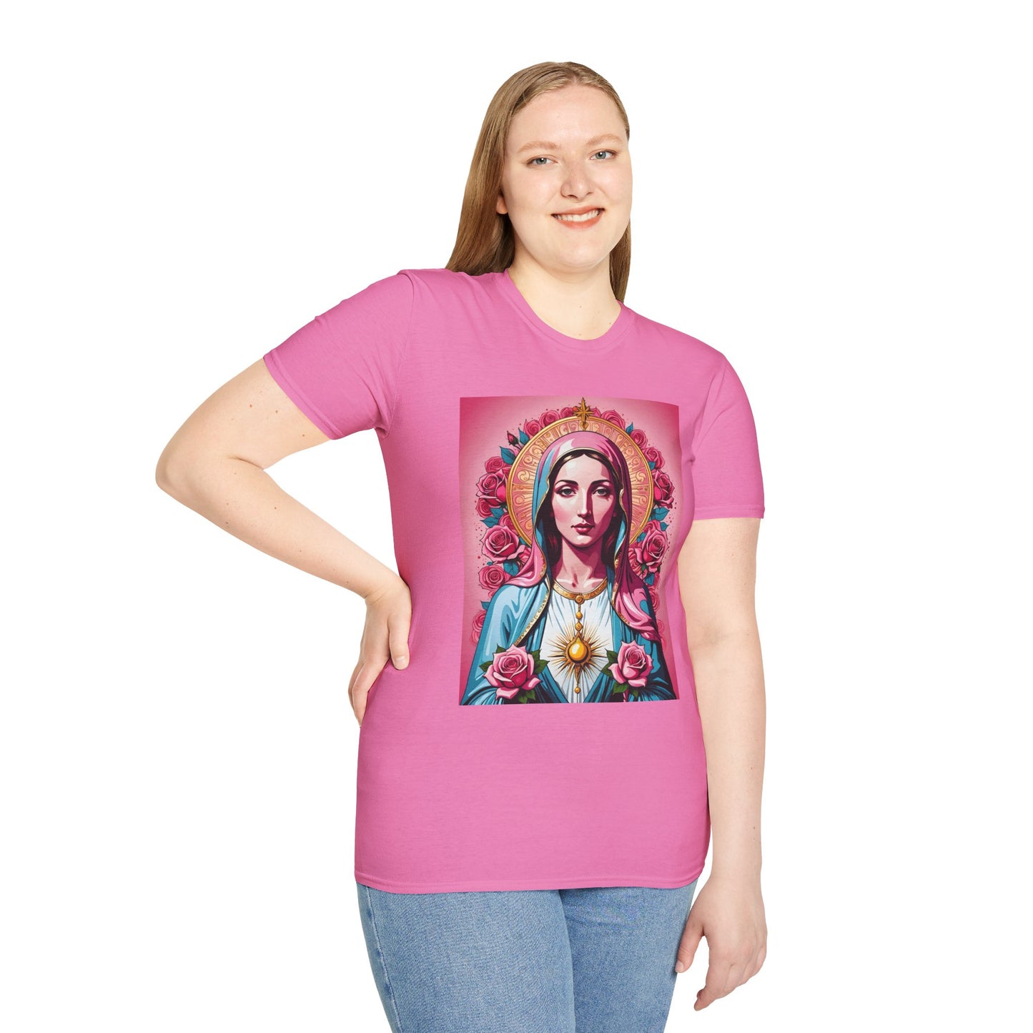 Unisex Softstyle T-Shirt with Sacred Heart Design, Spiritual Apparel, Artistic Gift for Many Occasions, Vintage Aesthetic, Festive Wear
