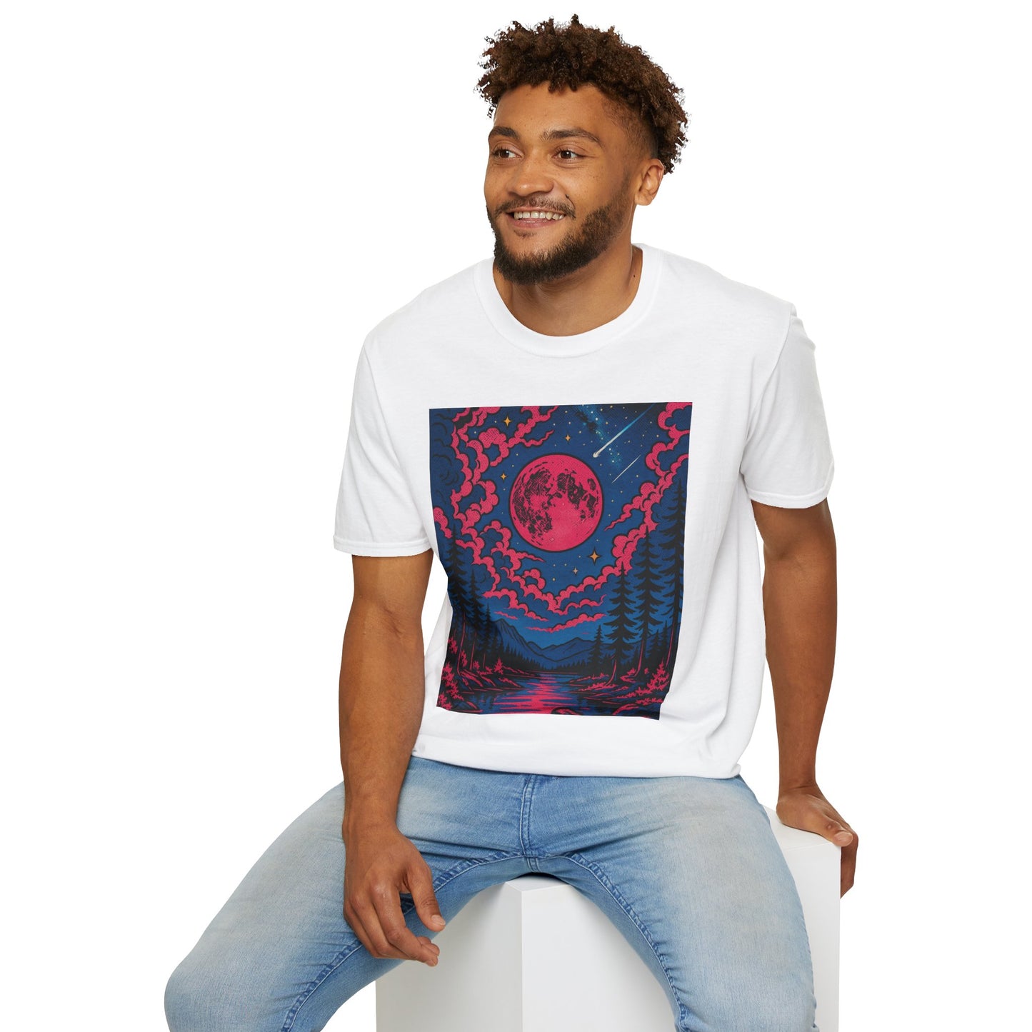 Trippy Red Moon Forest T-Shirt – Surreal Nature Graphic Tee • Psychedelic Night Sky Shirt • Gildan Softstyle® Unisex • Gift for Nature Lovers