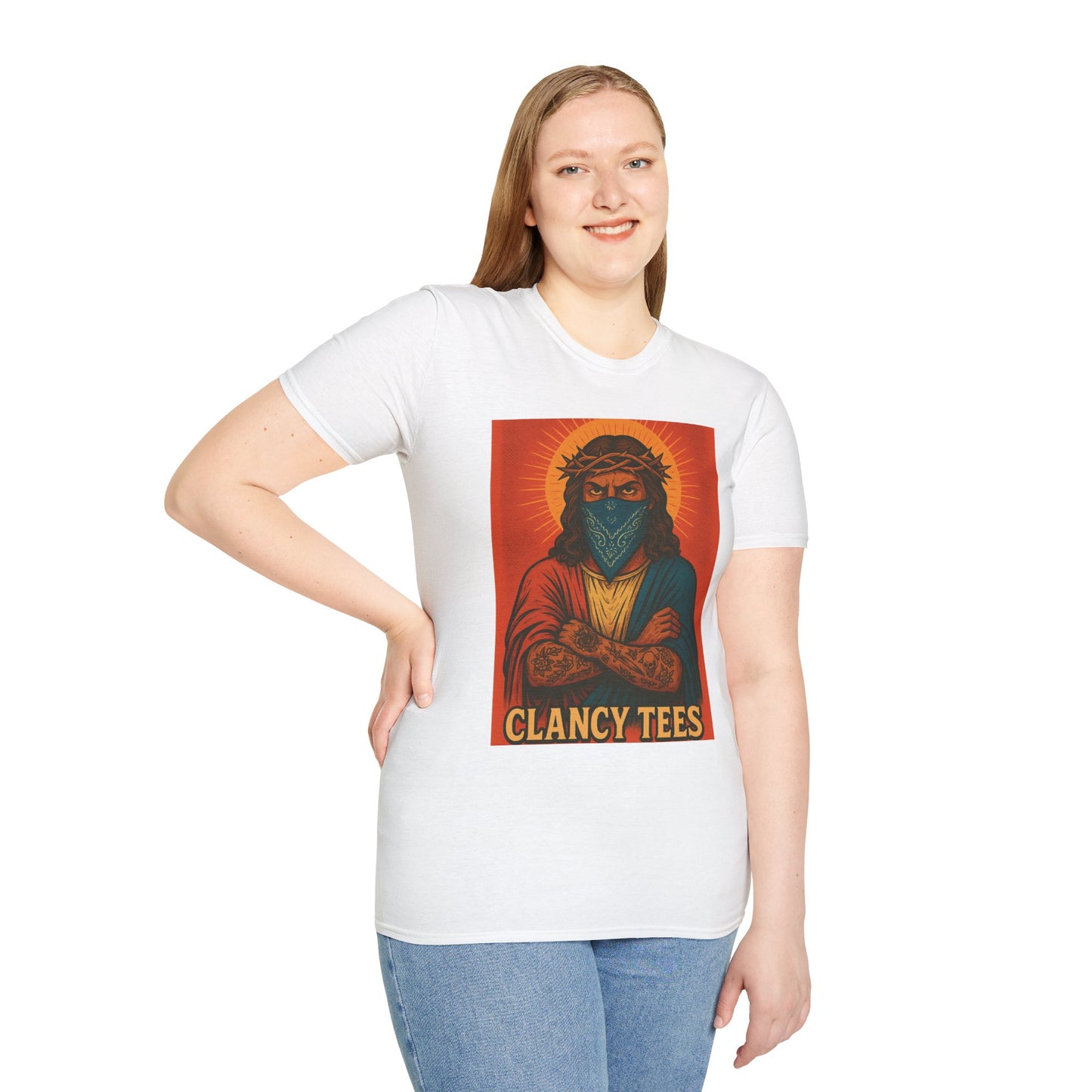 Gangsta Jesus Tattoo Shirt – Bold Religious Parody Tee with Face Mask – Street Art Style Graphic – Gift for Rebels, Sinners, and Faithful Rule-Breakers