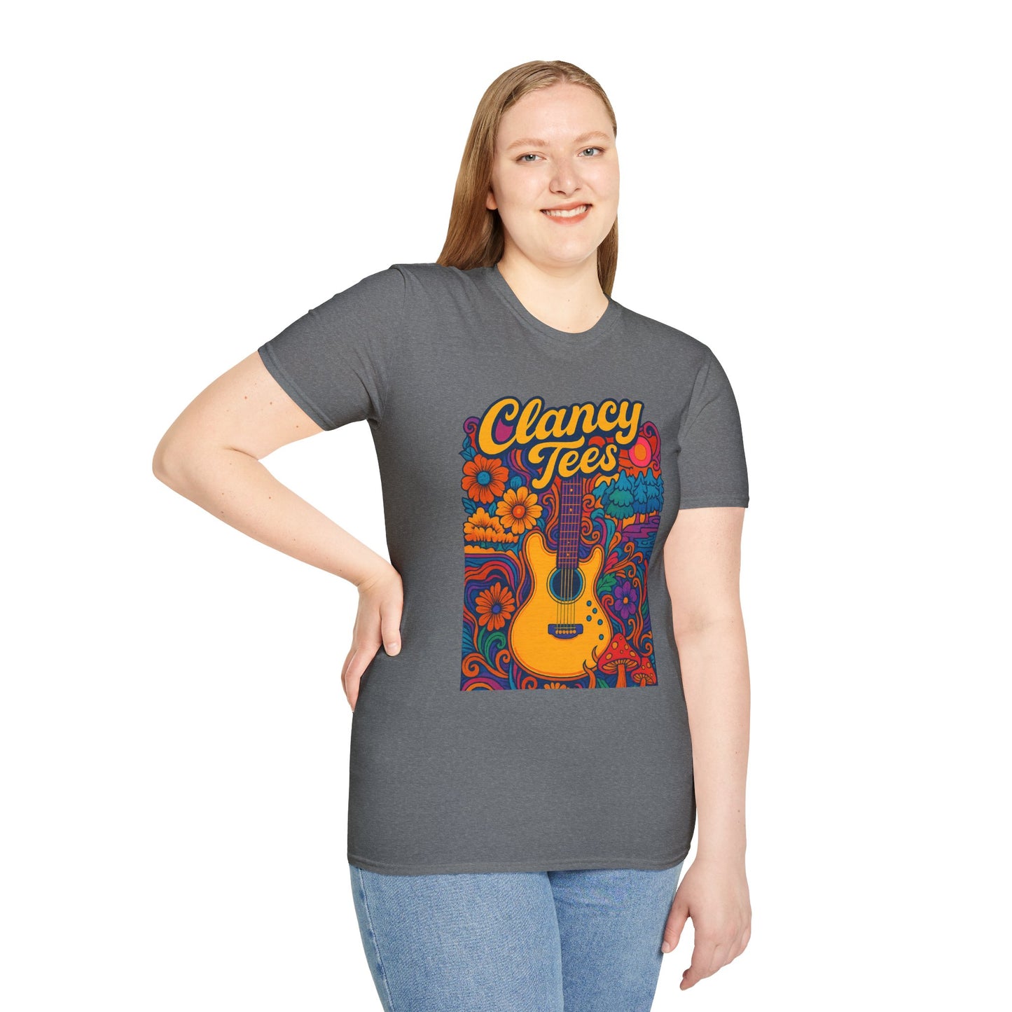 Retro Guitar Graphic T-Shirt for Music Lovers, Vintage Style Tee, Unisex Design, Ideal for Festivals and Gifts, Clancy Tees