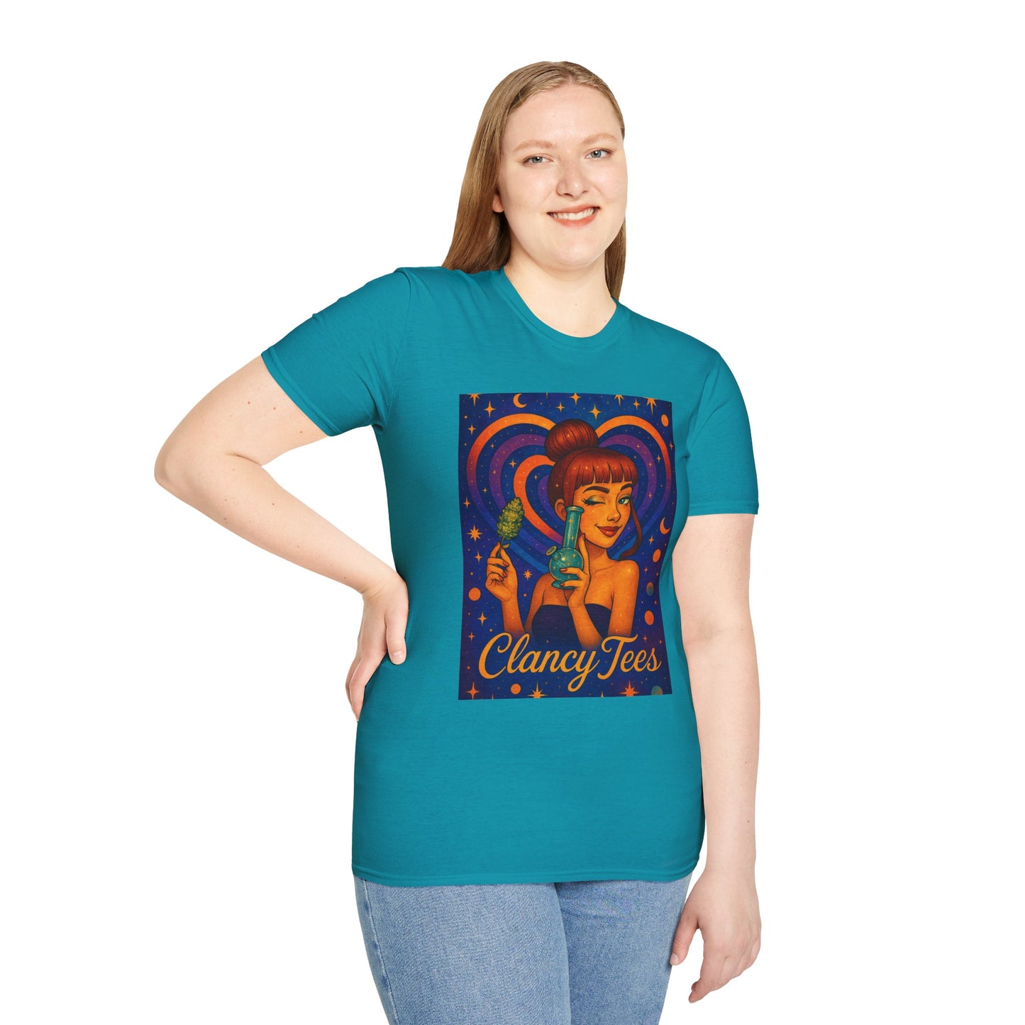 Cosmic Stoner Girl Art T-Shirt, Vintage Style Tee, Fun Summer Shirt, Gift for Art Lovers, Cute Graphic Tee, Unique Casual Wear