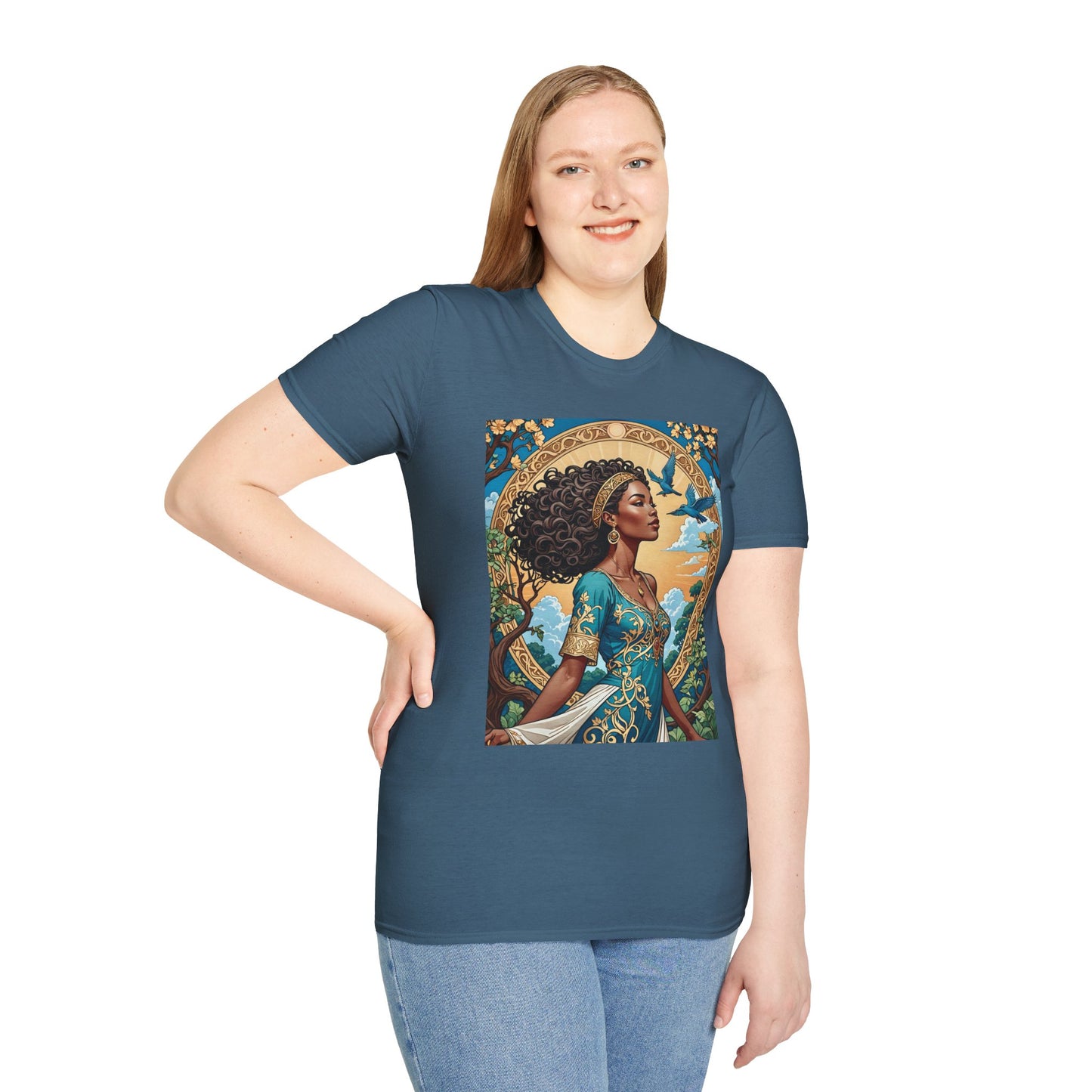 Bohemian Goddess T-Shirt, Unisex Softstyle Tee, Nature-Inspired Apparel, Gift for Women, Artistic Graphic Shirt, Eco-Friendly Fashion