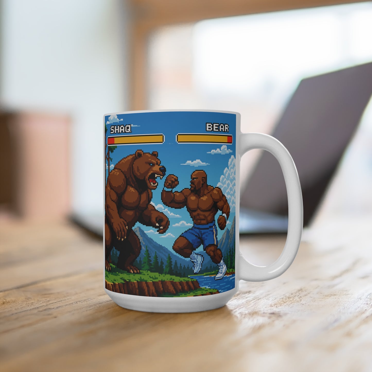 Shaq Vs The Bear Mug Retro Arcade Fighter Cup Funny Pixel Art Coffee Gift