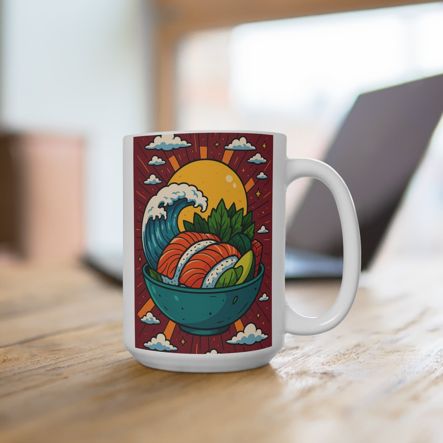 Sushi Bowl Ceramic Mug 15oz Japanese Food Coffee Cup Ocean Wave Sunrise Art Gift For Food Lovers