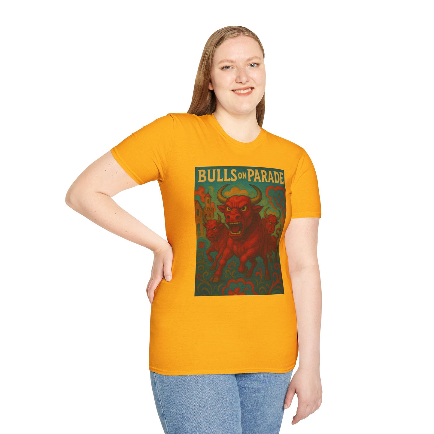 Bulls on Parade Shirt – Psychedelic Rage-Inspired Bull Graphic Tee • Gildan Softstyle® Unisex • Protest Art T-Shirt • Gift for Rage Fans