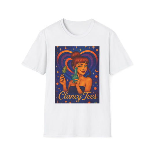 Cosmic Stoner Girl Art T-Shirt, Vintage Style Tee, Fun Summer Shirt, Gift for Art Lovers, Cute Graphic Tee, Unique Casual Wear