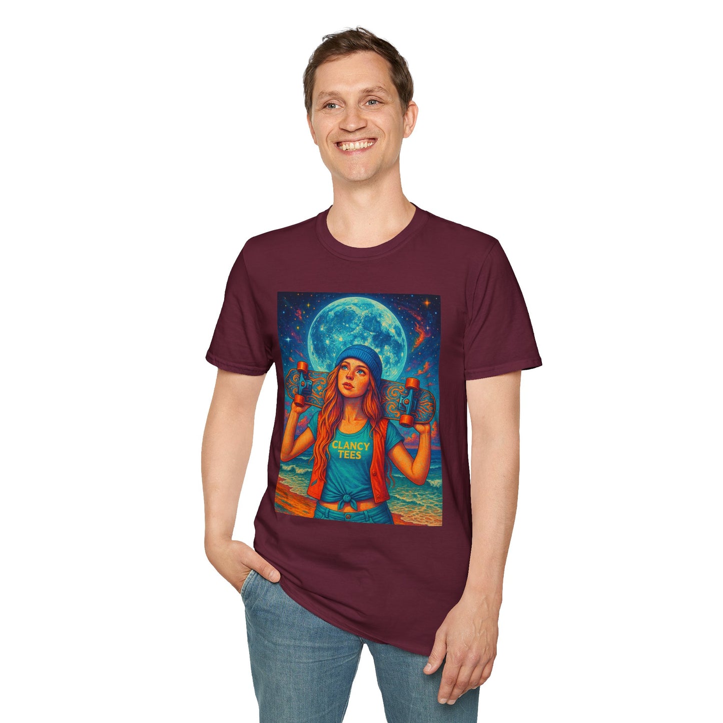Bohemian Skater Girl Graphic Tee, Unisex T-Shirt with Moon & Nature Design, Perfect for Festivals, Gift for Nature Lovers, Summer Vibes, Casual Wear