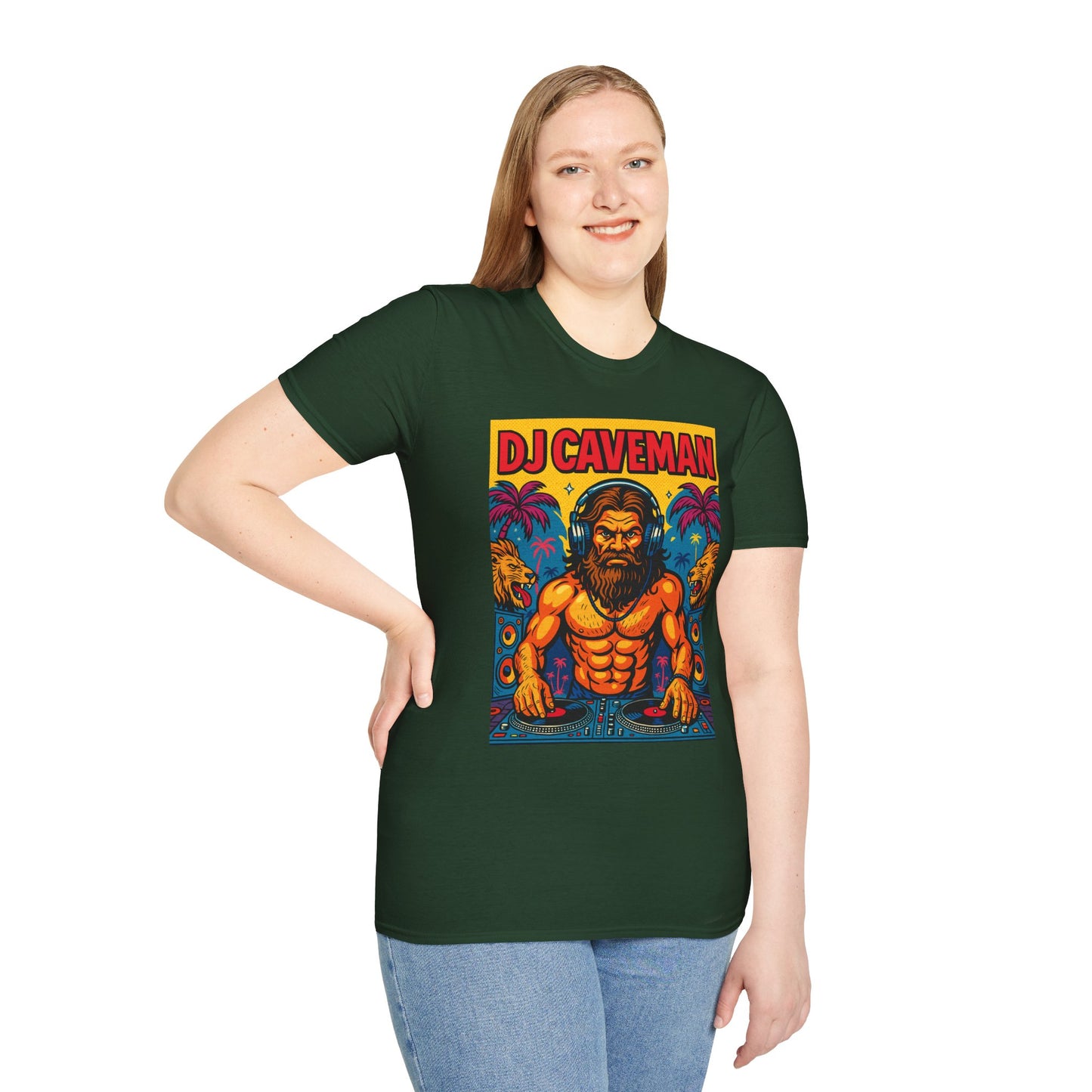 DJ Caveman T-Shirt Funny Rave Party Tee | Prehistoric Clubbing Shirt for Music Lovers | Gift for DJs and EDM Fans | Caveman Aesthetic Shirt