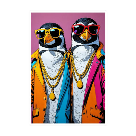 Cool Penguin Duo Sticker – Kiss Cut Vinyl Decal, Funny Animal Artwork, Retro Streetwear Aesthetic, Gift for Humor Lovers