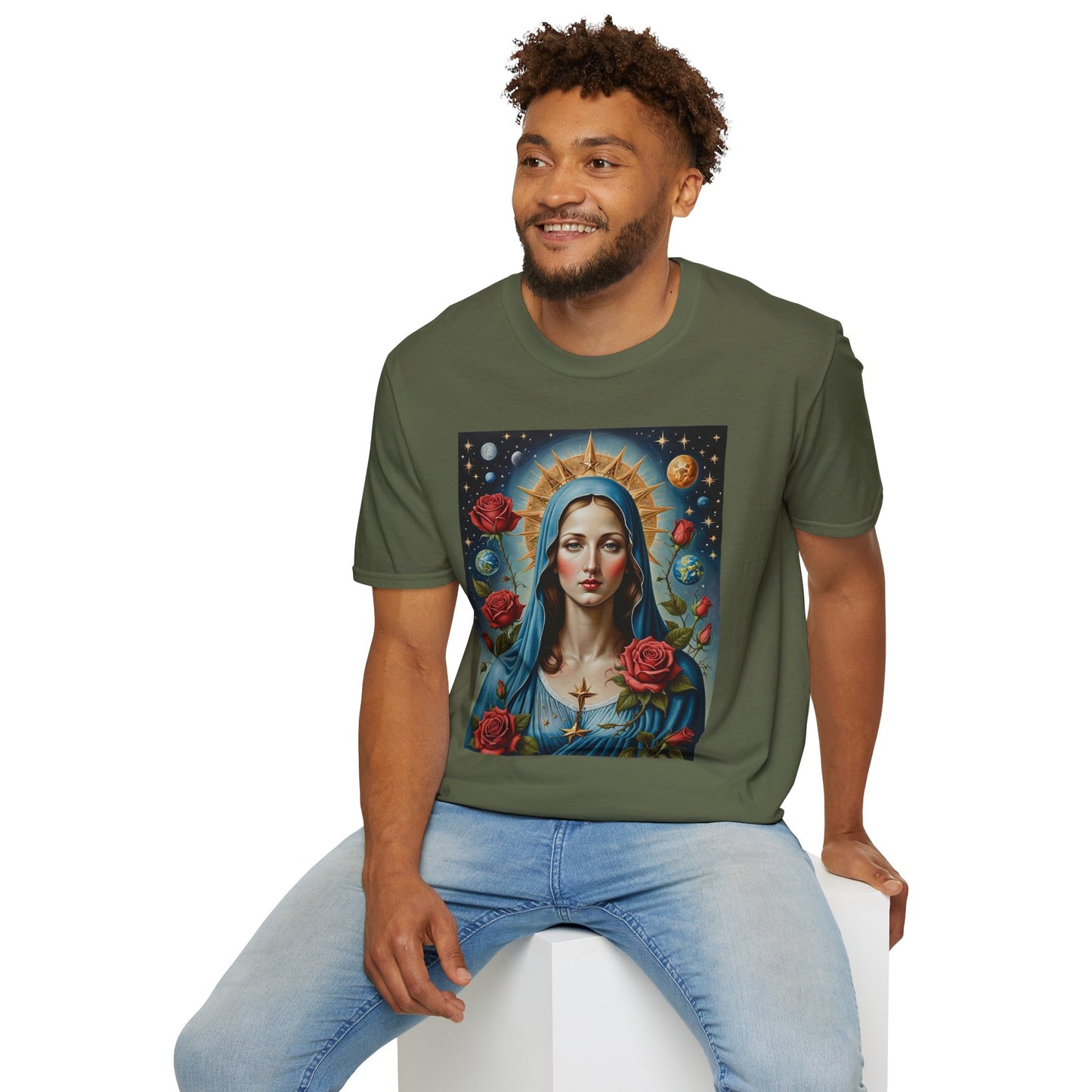 Artistic Virgin Mary T-Shirt, Vintage Graphic Tee, Religious Shirt, Christian Gift, Casual Wear