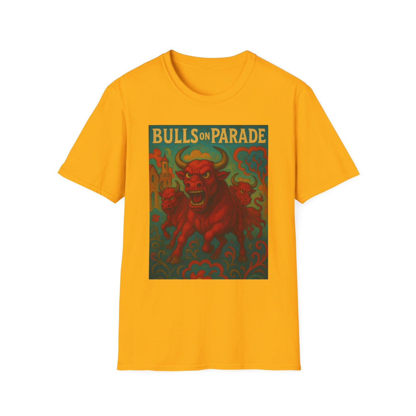 Bulls on Parade Shirt – Psychedelic Rage-Inspired Bull Graphic Tee • Gildan Softstyle® Unisex • Protest Art T-Shirt • Gift for Rage Fans