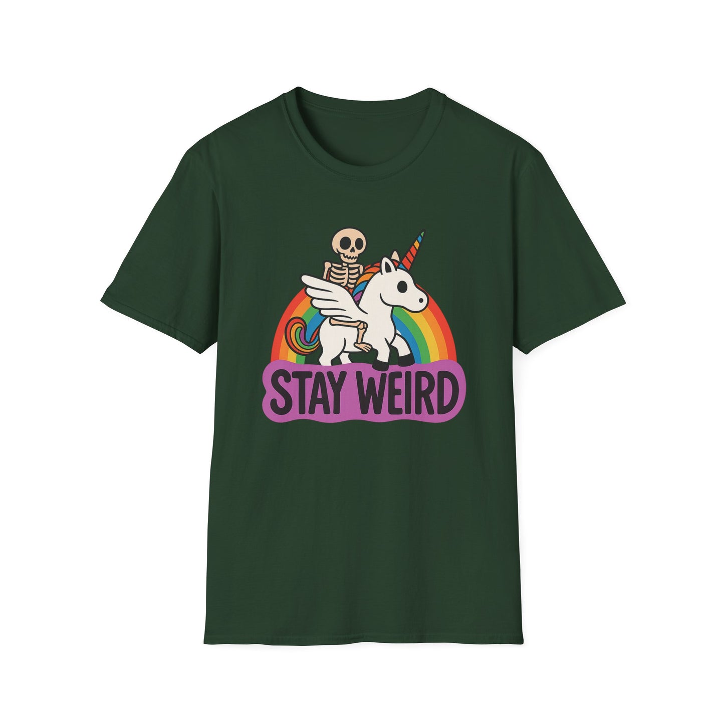 Stay Weird Skeleton Unicorn Shirt – Funny Rainbow Graphic Tee – Whimsical Weirdcore Clothing – Gift for Quirky Friends and Oddball Souls