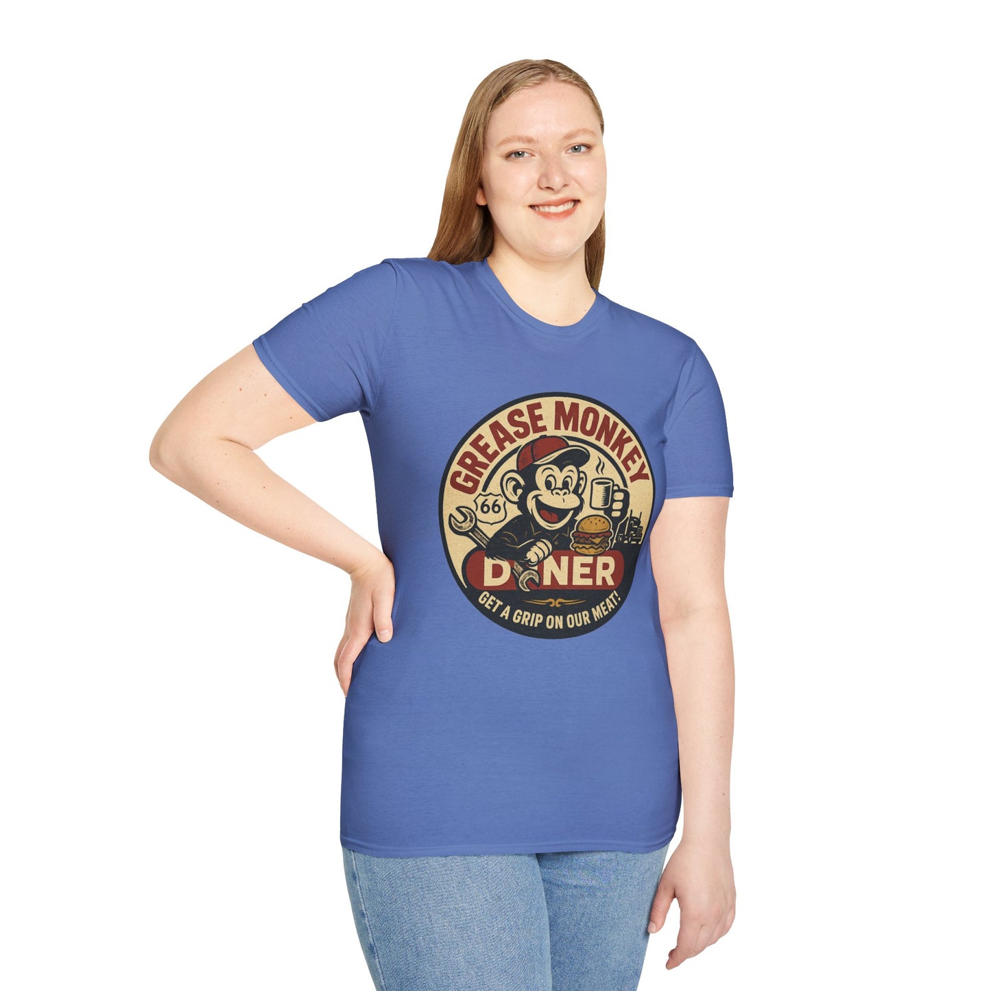 Grease Monkey Diner T-Shirt – Retro Mechanic Mascot Tee – Funny Vintage Roadside Shirt Gift for Car Guys, Grill Masters, and Route 66 Road Trip Fans
