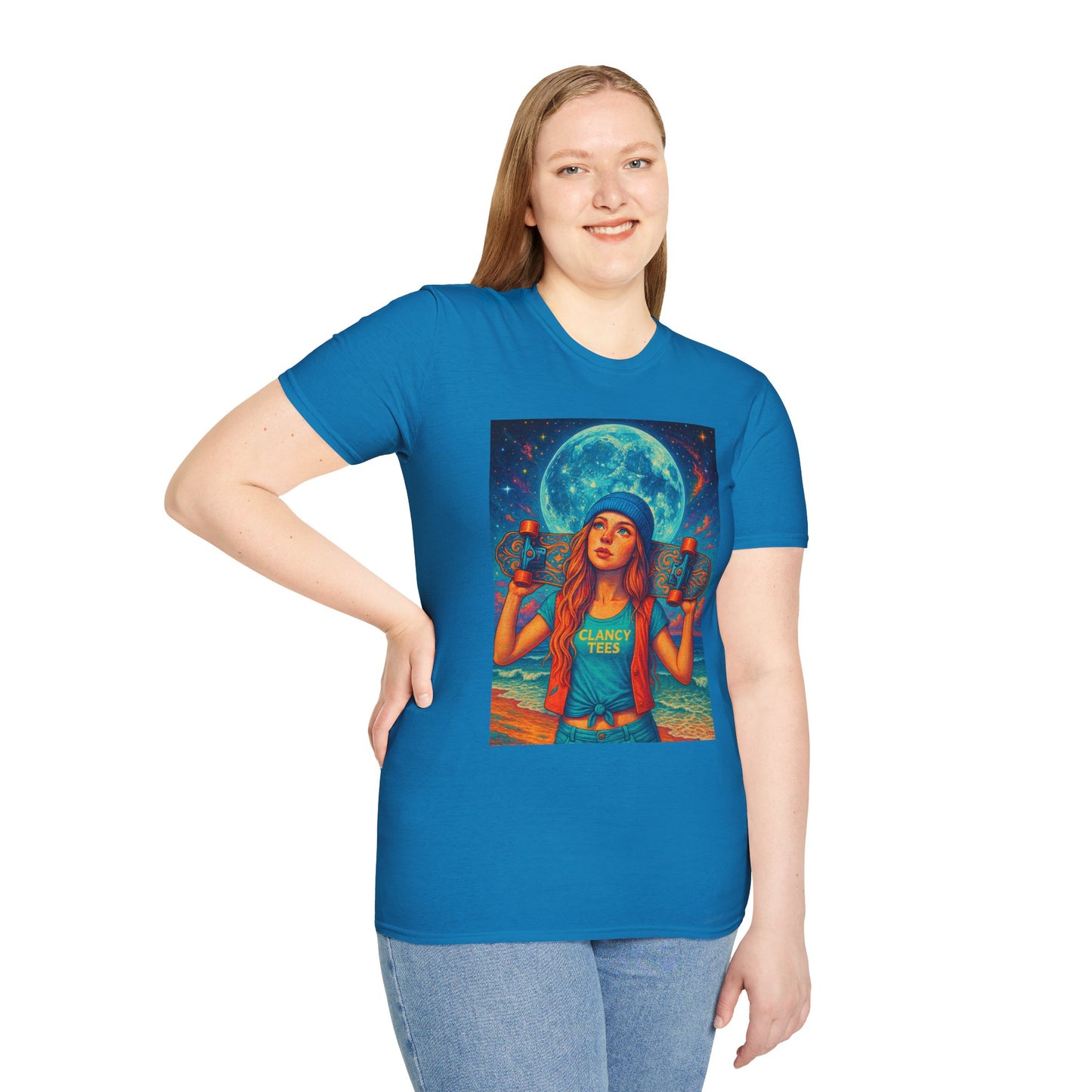 Bohemian Skater Girl Graphic Tee, Unisex T-Shirt with Moon & Nature Design, Perfect for Festivals, Gift for Nature Lovers, Summer Vibes, Casual Wear