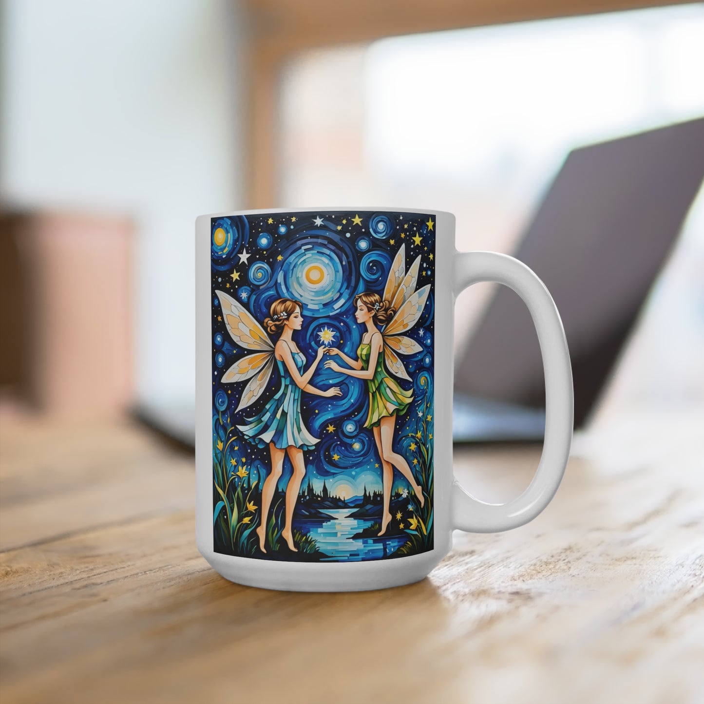 Starry Night Fairy Friends Ceramic Mug Whimsical Fantasy Coffee Cup Magical Artwork Celestial Enchanted Design