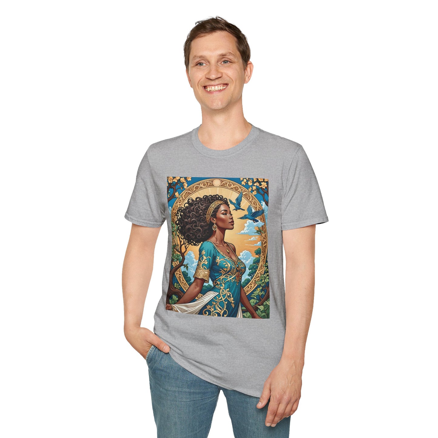 Bohemian Goddess T-Shirt, Unisex Softstyle Tee, Nature-Inspired Apparel, Gift for Women, Artistic Graphic Shirt, Eco-Friendly Fashion