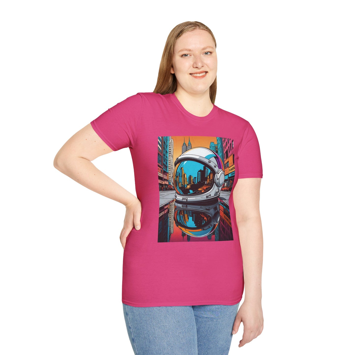 City Astronaut Reflection T-Shirt – Urban Space Art Tee – Gift for Sci-Fi Fans, Streetwear Addicts, and Cosmic Daydreamers