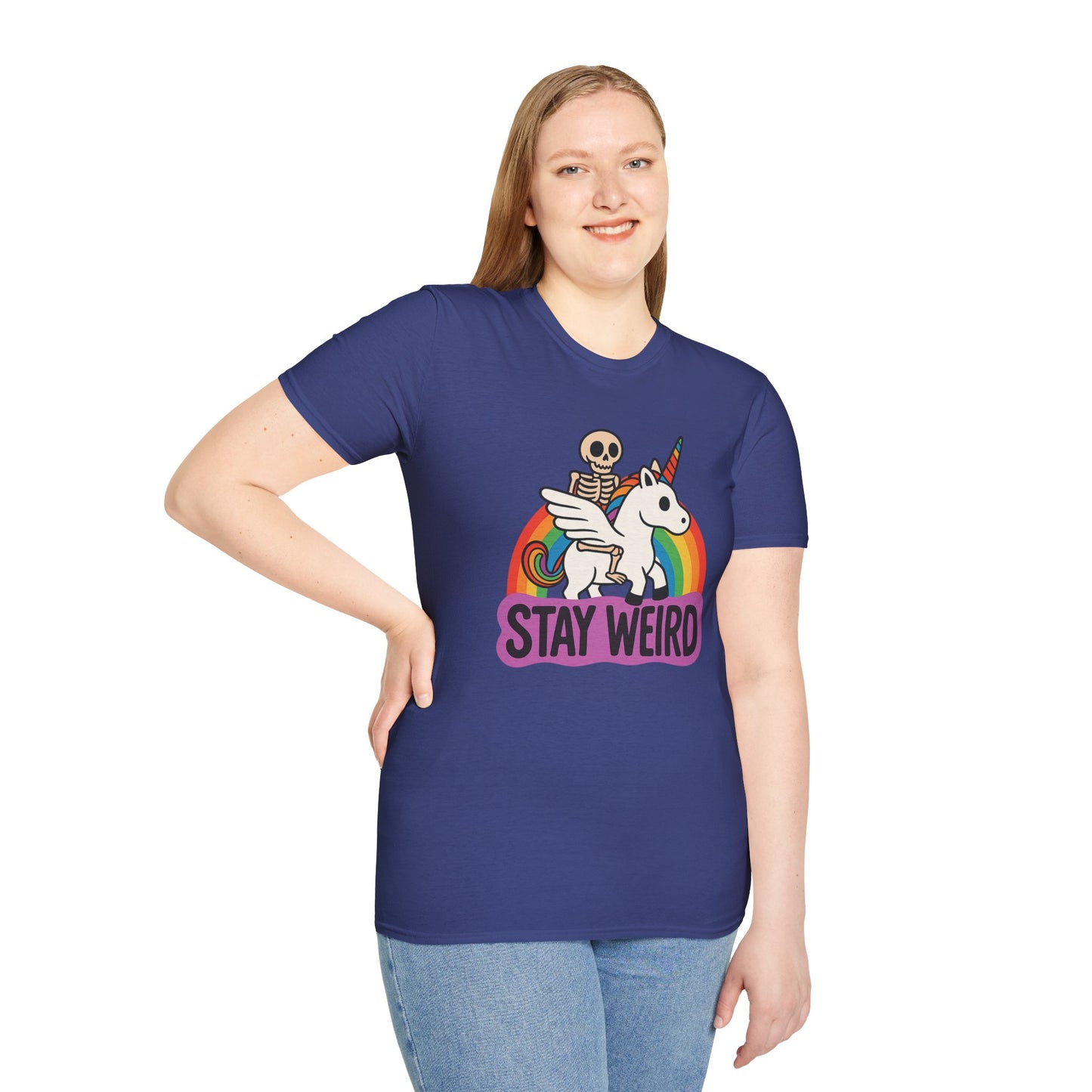 Stay Weird Skeleton Unicorn Shirt – Funny Rainbow Graphic Tee – Whimsical Weirdcore Clothing – Gift for Quirky Friends and Oddball Souls