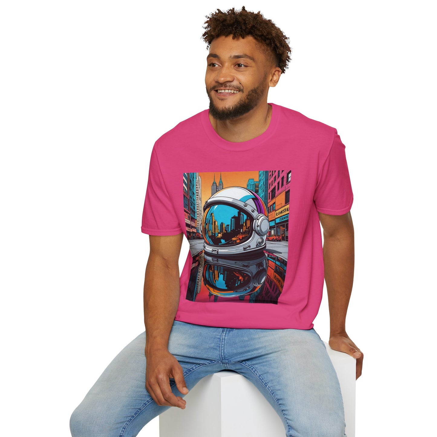 City Astronaut Reflection T-Shirt – Urban Space Art Tee – Gift for Sci-Fi Fans, Streetwear Addicts, and Cosmic Daydreamers