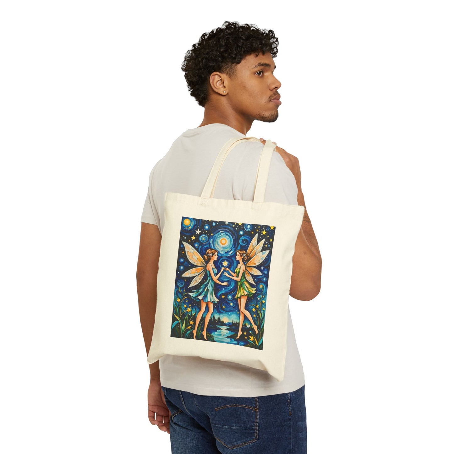 Starry Night Fairy Tote Bag Canvas Reusable Eco Friendly Whimsical Fantasy Art