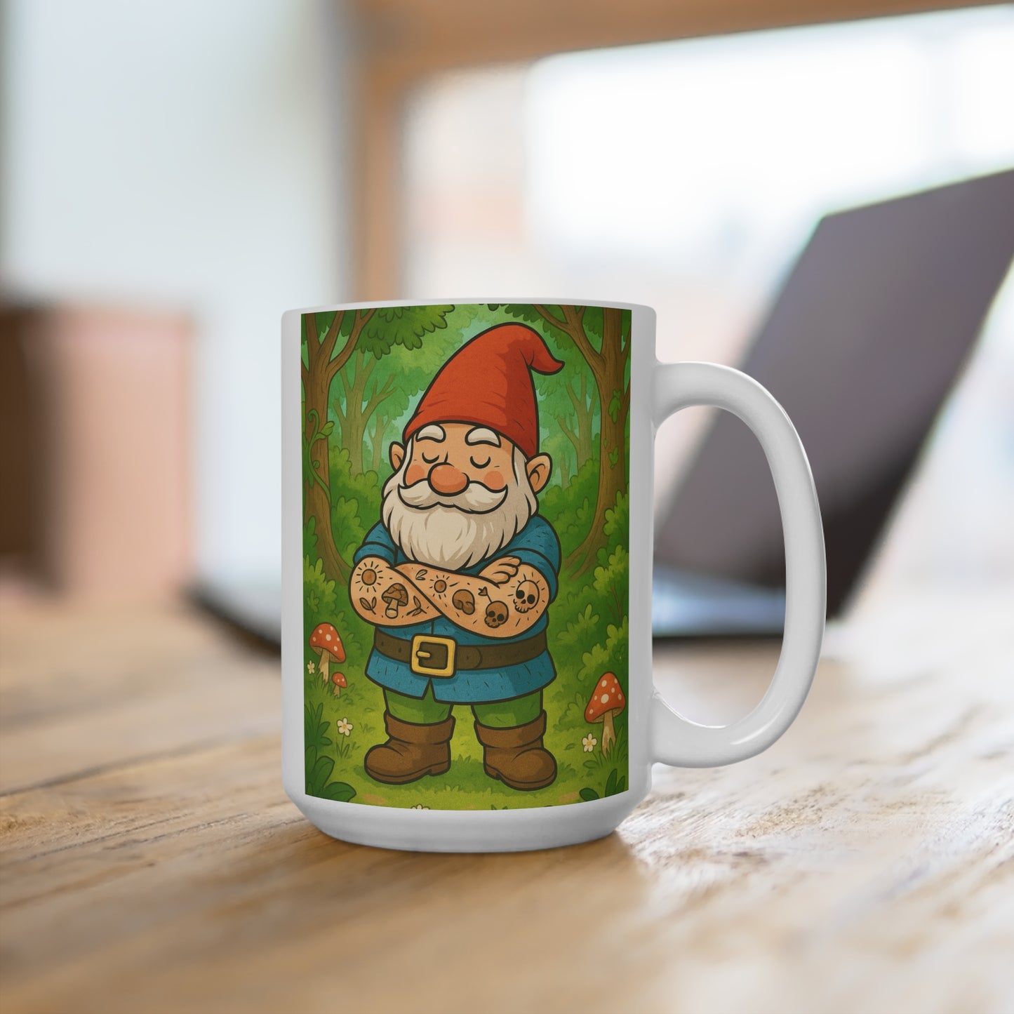 Tattooed Gnome Mug Funny Coffee Cup Whimsical Garden Ceramic Gift For Friends
