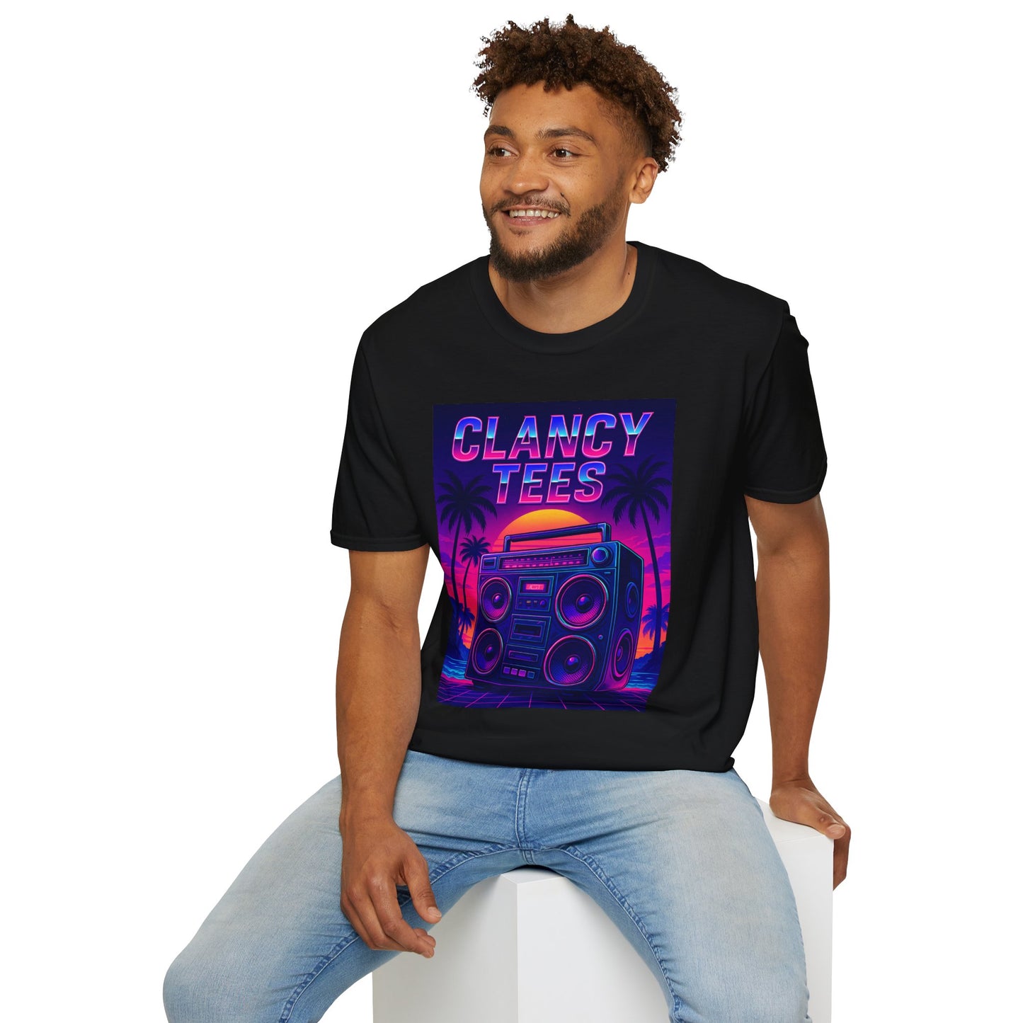 Retro Boombox Sunset Tee – Vaporwave Clancy Tees Shirt – Gift for 80s Kids, Music Lovers, Synthwave Fans & Nostalgic Neon Dreamers
