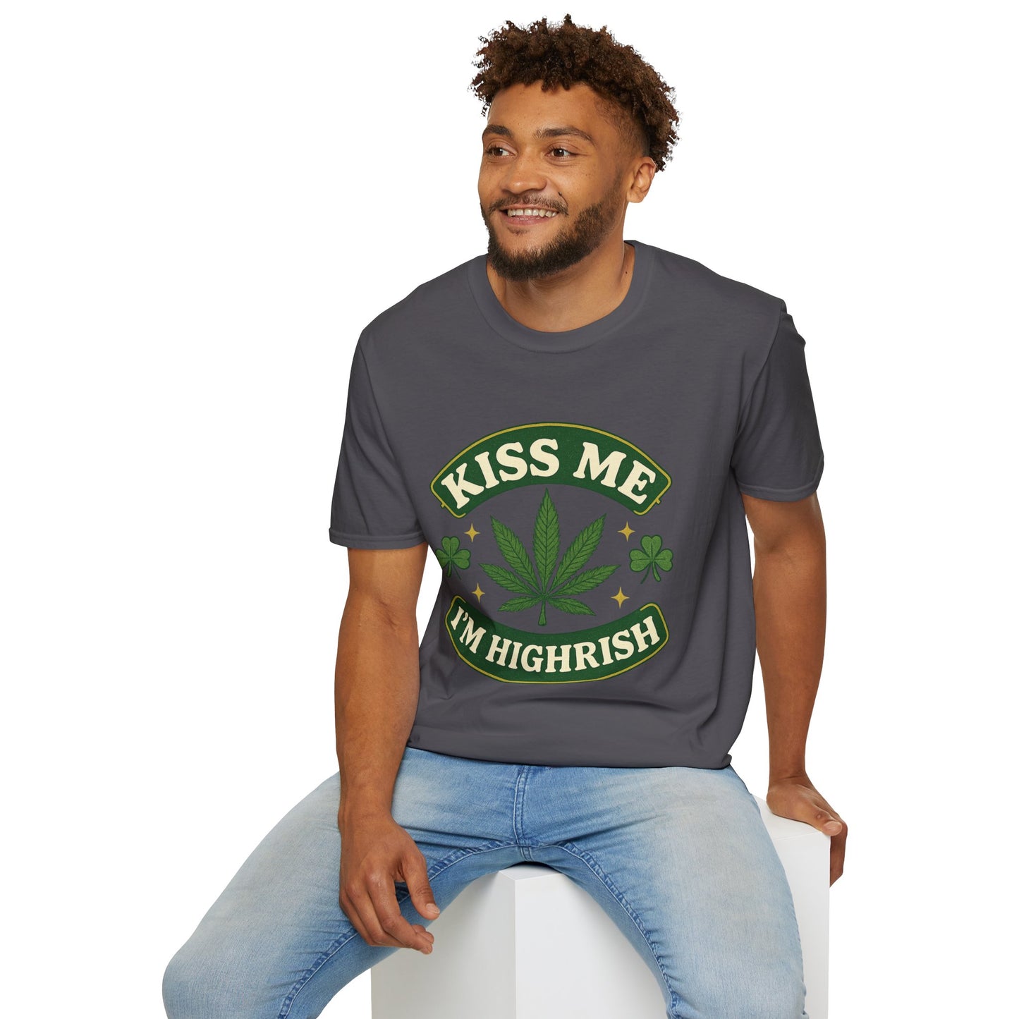 Kiss Me I’m Highrish Shirt – Funny Weed St. Patrick’s Day Tee – Cannabis Leaf Irish Parody Shirt – Gift for Stoner Friends and Green Beer Fans