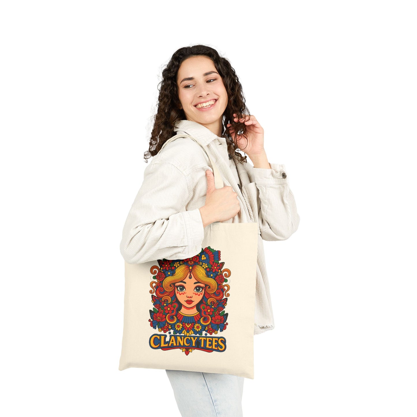 Psychedelic Art Tote Bag With Retro Floral Face Design Groovy Fashion Accessory Everyday Carry Bag Clancy Tees Artwork