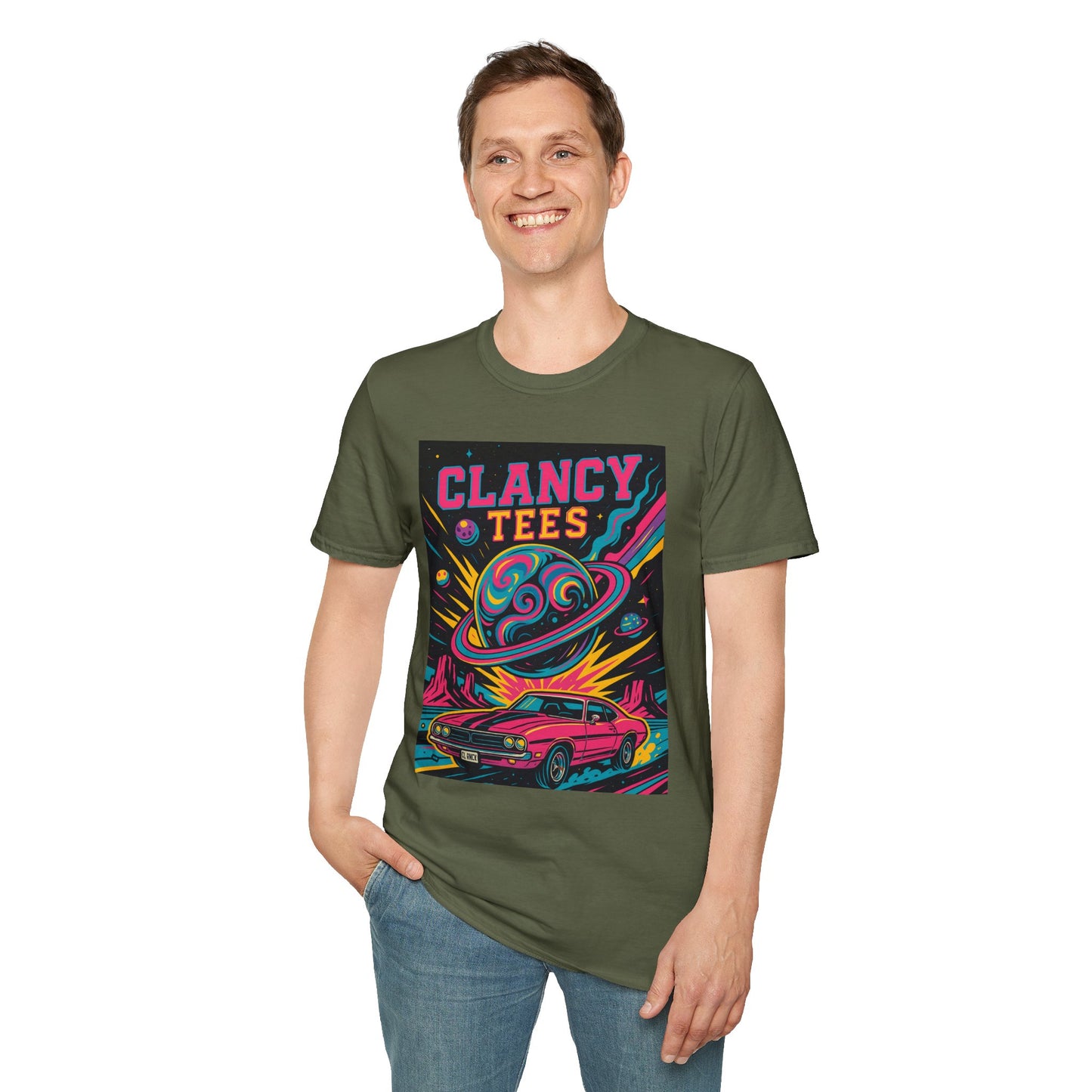 Retro UFO Car Crash Shirt – Clancy Tees Vaporwave Space Tee – Gift for Sci-Fi Fans, Vintage Car Lovers, Alien Believers, and 80s Aesthetic Addicts