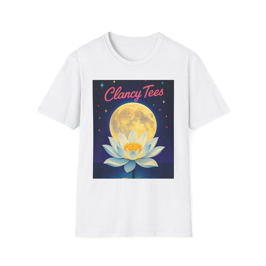 Moon Lotus Clancy Tees Shirt – Ethereal Floral T-Shirt with Full Moon Art – Gift for Nature Lovers, Yogis, Dreamers & Spiritual Aesthetic Fans