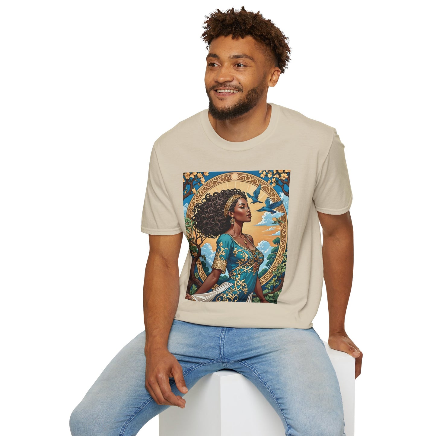 Bohemian Goddess T-Shirt, Unisex Softstyle Tee, Nature-Inspired Apparel, Gift for Women, Artistic Graphic Shirt, Eco-Friendly Fashion