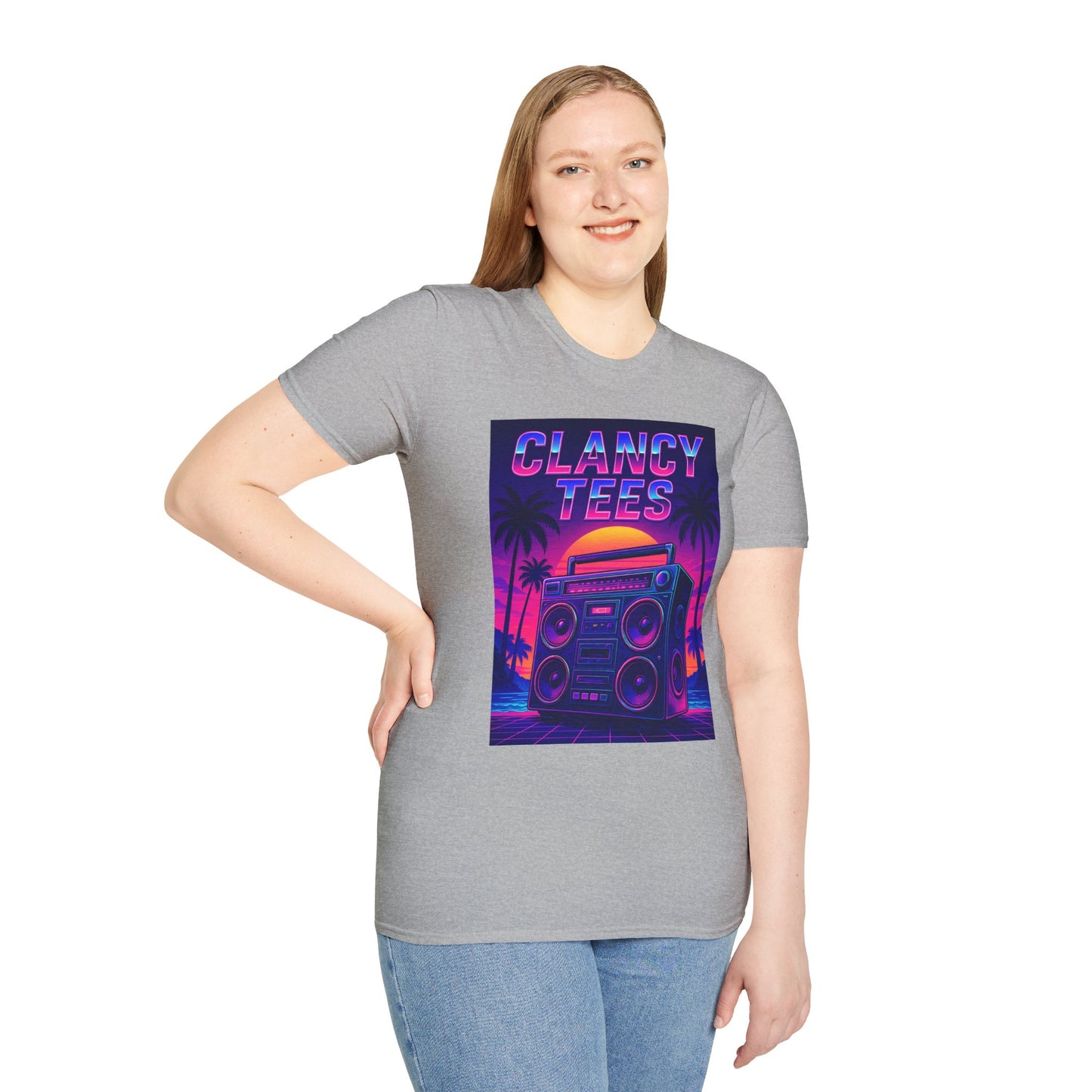 Retro Boombox Sunset Tee – Vaporwave Clancy Tees Shirt – Gift for 80s Kids, Music Lovers, Synthwave Fans & Nostalgic Neon Dreamers
