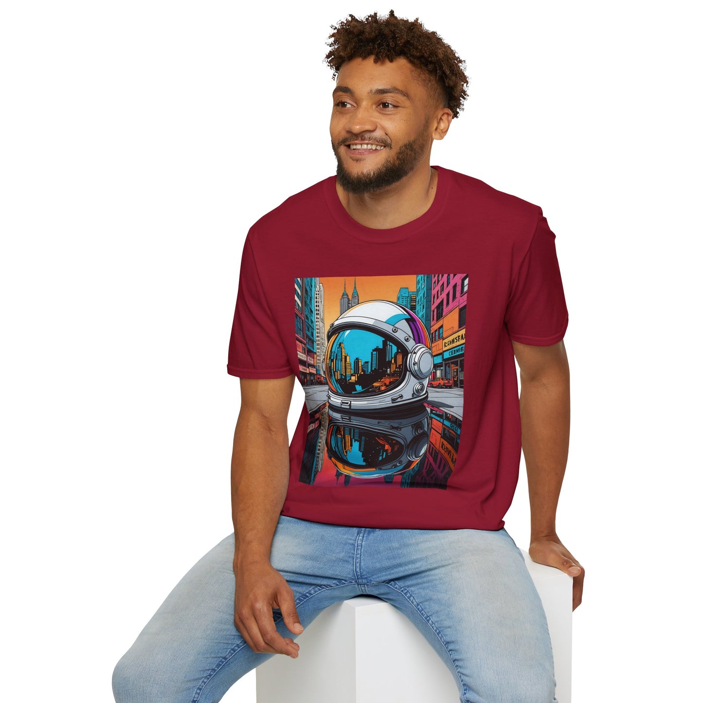 City Astronaut Reflection T-Shirt – Urban Space Art Tee – Gift for Sci-Fi Fans, Streetwear Addicts, and Cosmic Daydreamers