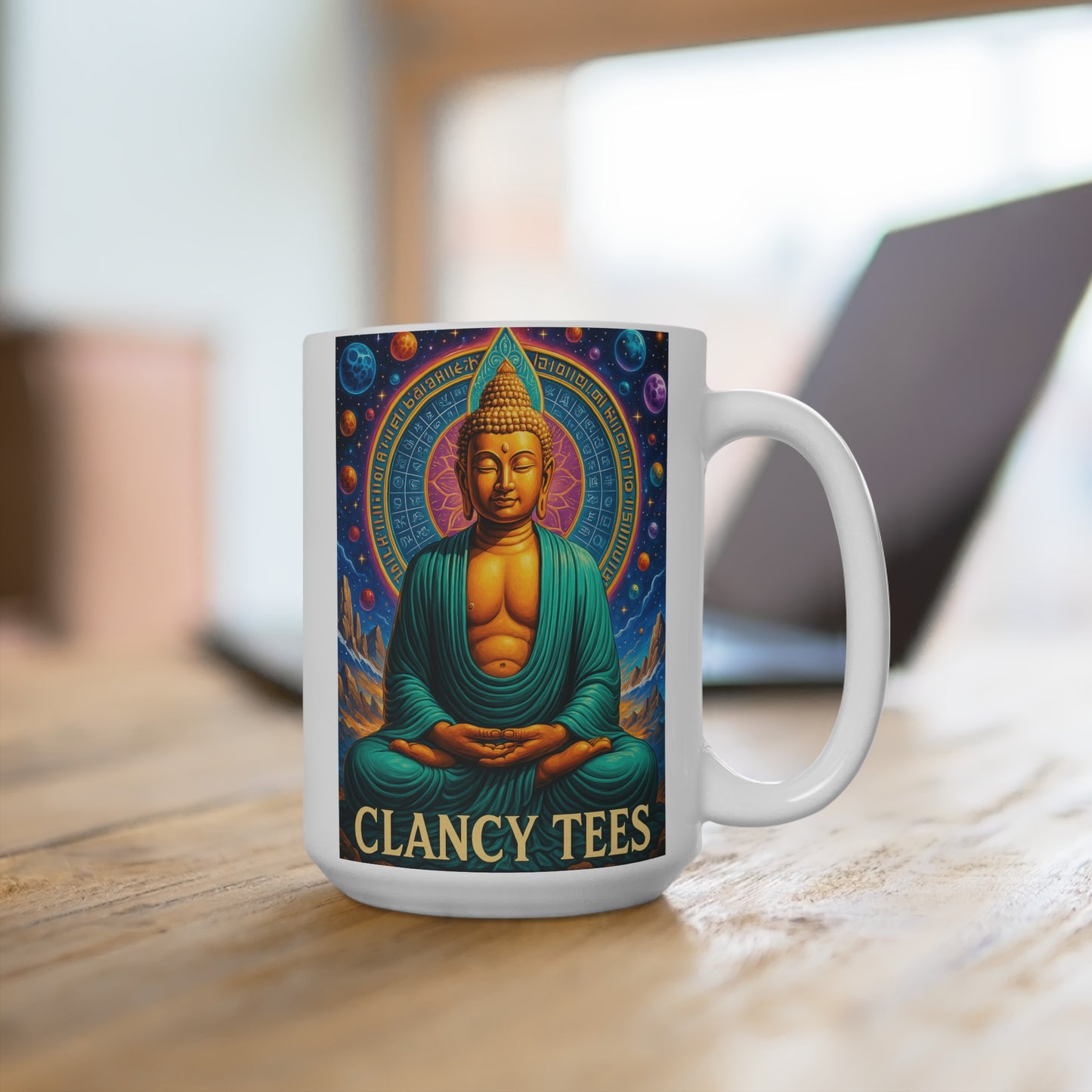 Cosmic Buddha Mug Spiritual Meditation Artwork Ceramic Coffee Cup Gift for Mindfulness Lovers
