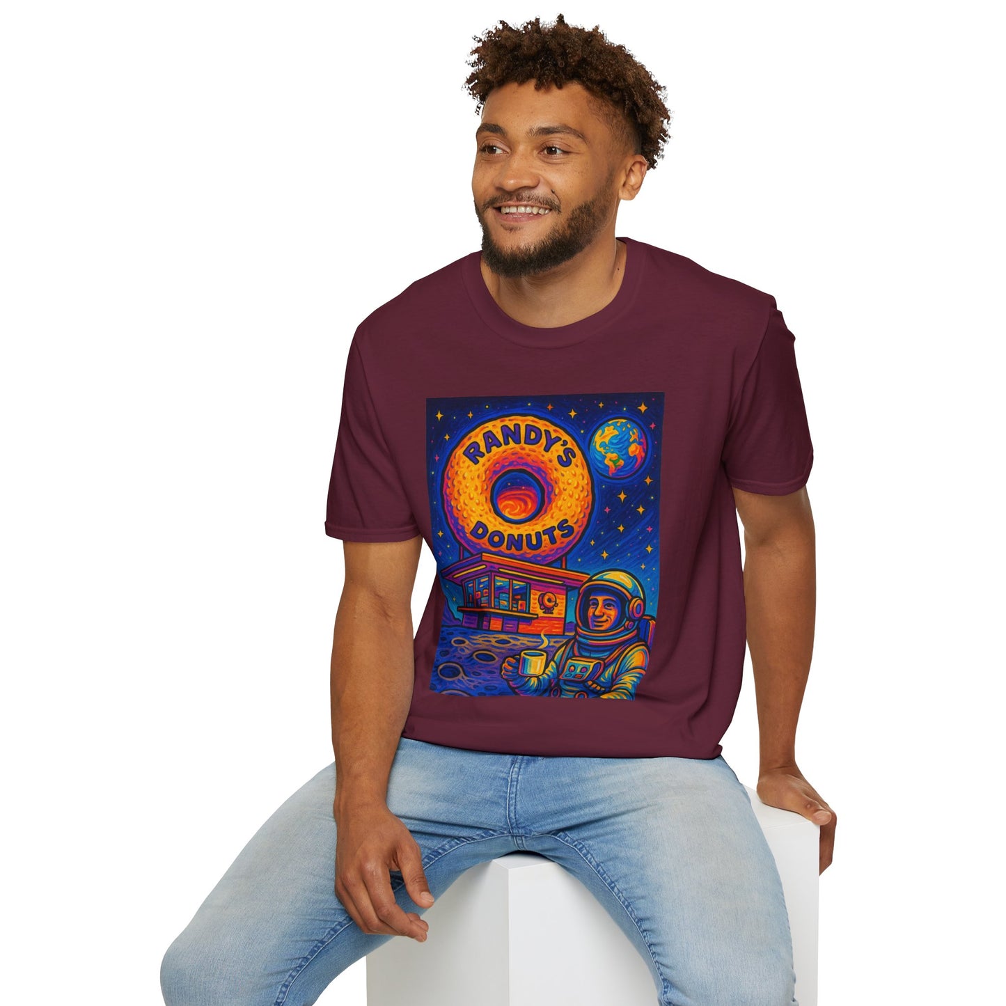 Space Donut T-Shirt – Retro Sci-Fi Astronaut Holding Coffee on the Moon – Gift for Foodies, Dreamers, and Outer Space Humor Fans
