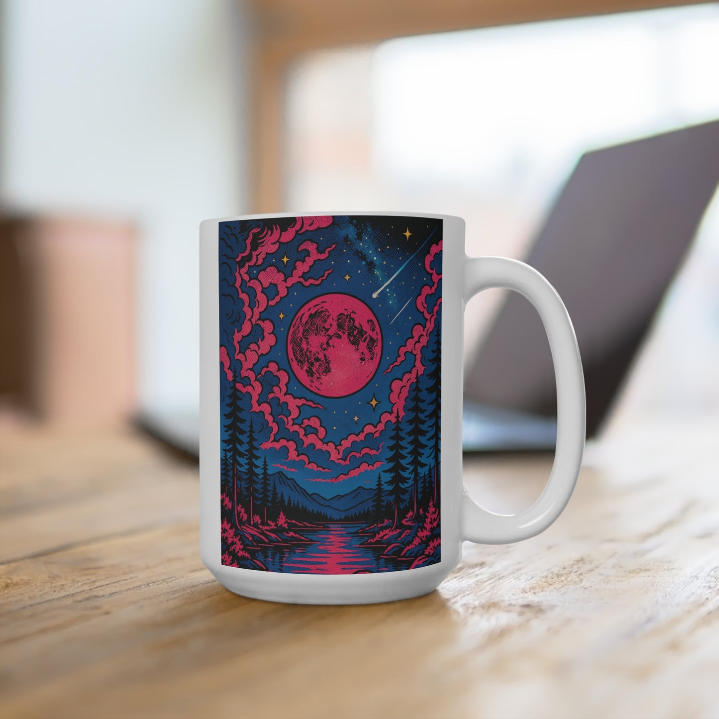 Trippy Cosmic Moon Mug – Psychedelic Pink Moon Coffee Cup With Surreal Night Sky, Nature Artwork, Gift For Stargazers