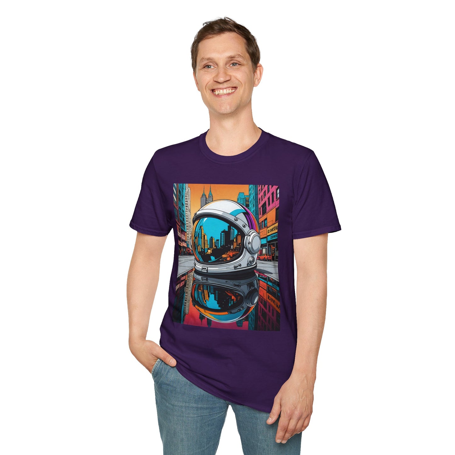 City Astronaut Reflection T-Shirt – Urban Space Art Tee – Gift for Sci-Fi Fans, Streetwear Addicts, and Cosmic Daydreamers