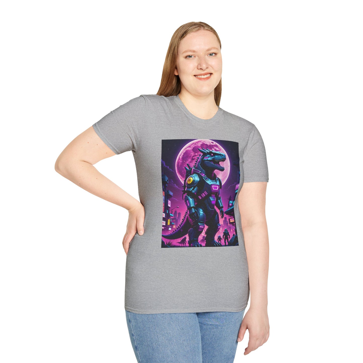 Cyberpunk Dinosaur T Shirt Neon Retro Graphic Tee Futuristic Monster Artwork Top Gift for Sci Fi Fans