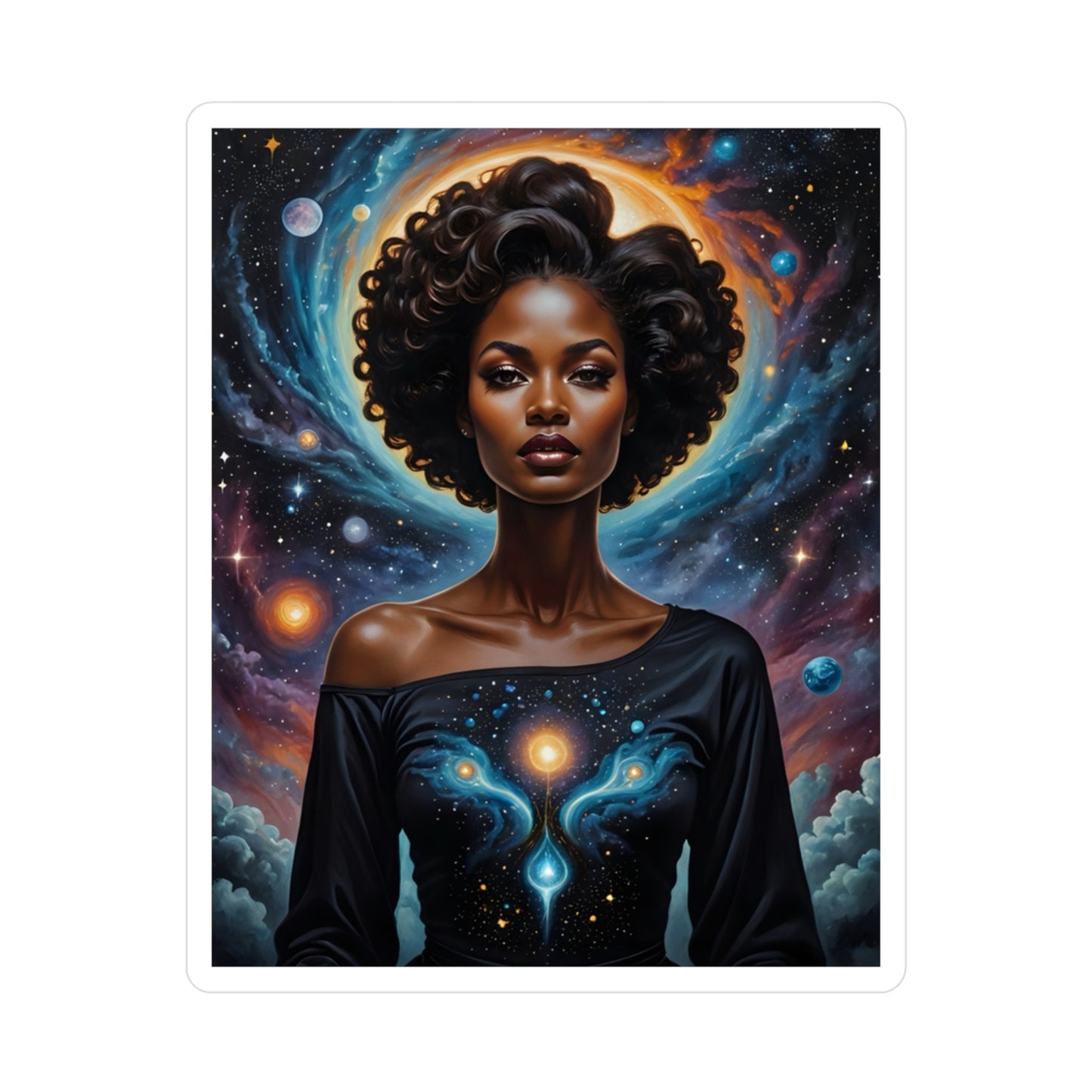 Cosmic Goddess Sticker – Kiss Cut Vinyl Decal, Afrofuturist Artwork, Galaxy Aesthetic, Gift for Spiritual Seekers