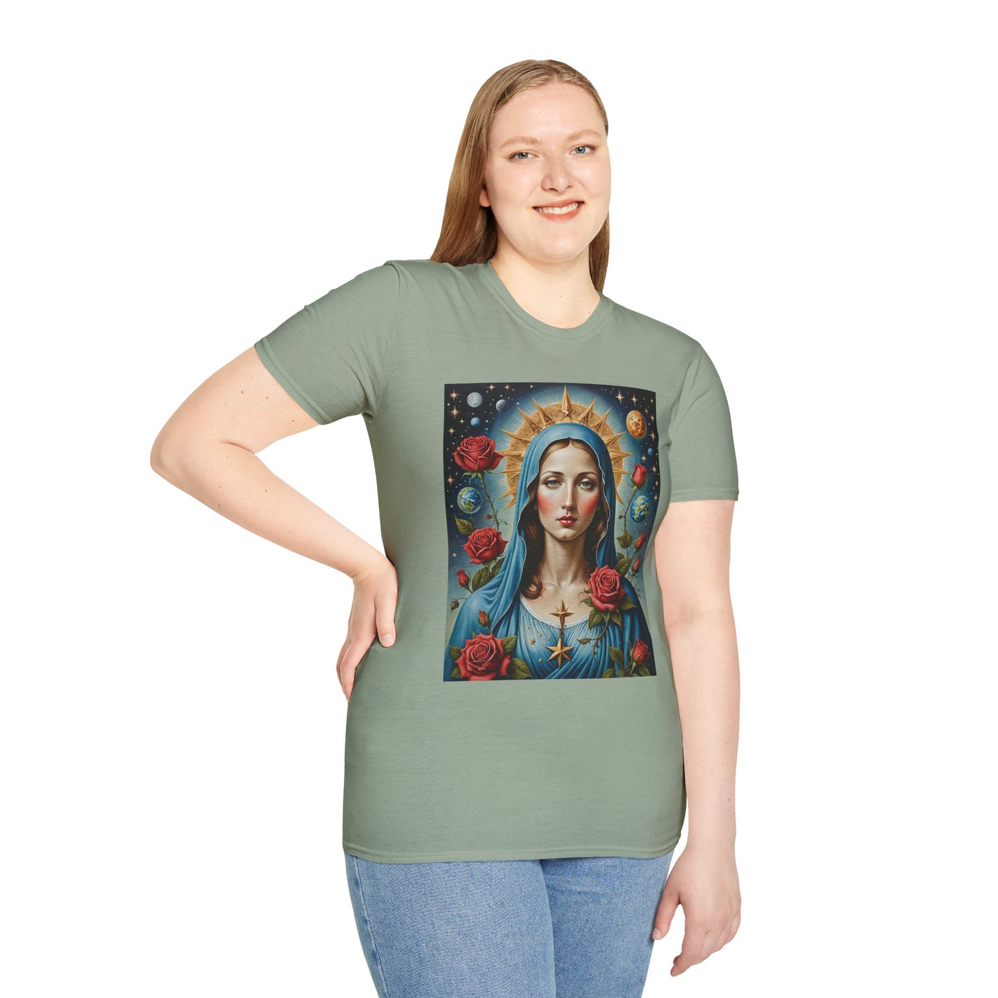 Artistic Virgin Mary T-Shirt, Vintage Graphic Tee, Religious Shirt, Christian Gift, Casual Wear