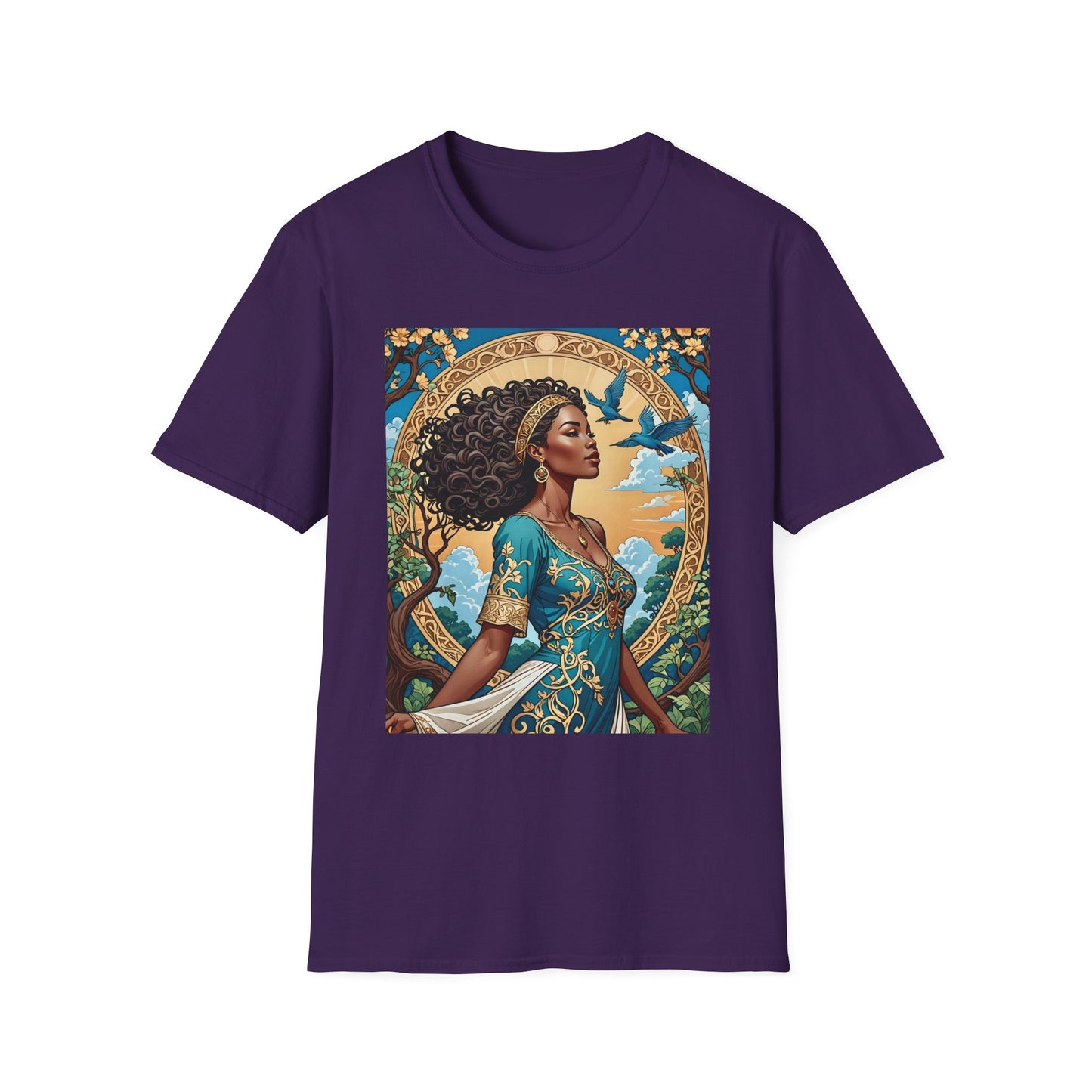 Bohemian Goddess T-Shirt, Unisex Softstyle Tee, Nature-Inspired Apparel, Gift for Women, Artistic Graphic Shirt, Eco-Friendly Fashion