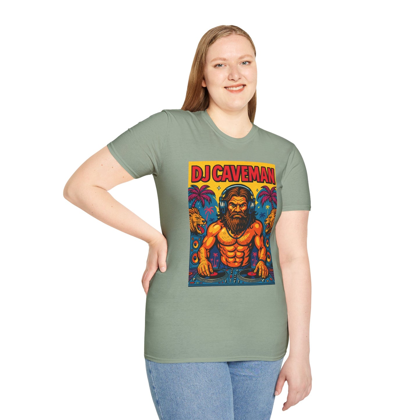 DJ Caveman T-Shirt Funny Rave Party Tee | Prehistoric Clubbing Shirt for Music Lovers | Gift for DJs and EDM Fans | Caveman Aesthetic Shirt
