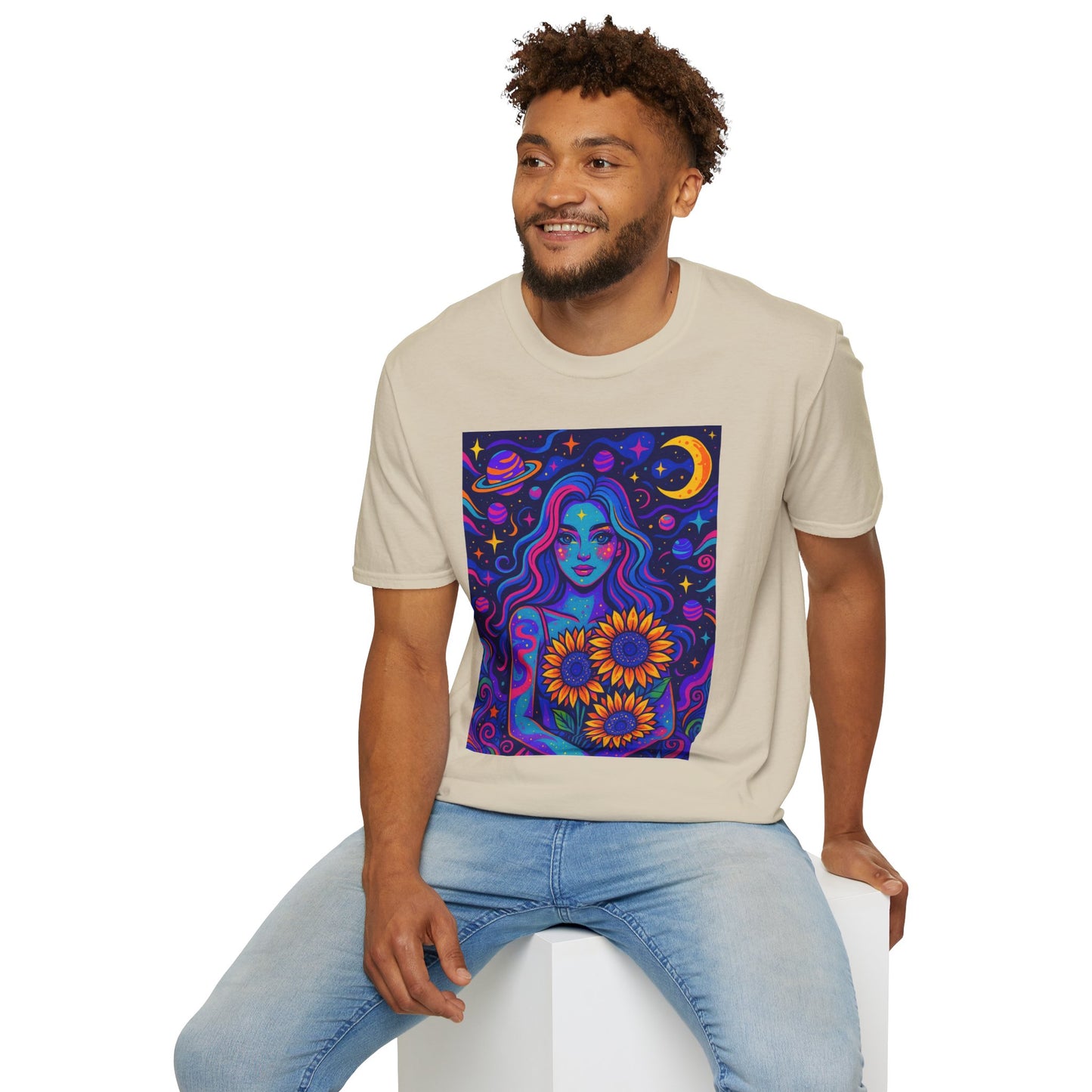 Psychedelic Sunflower Girl Shirt Trippy Space Goddess Tee Gift for Astrology Lovers Cosmic Art T Shirt for Hippies Star Gazers and Moon Magic Fans