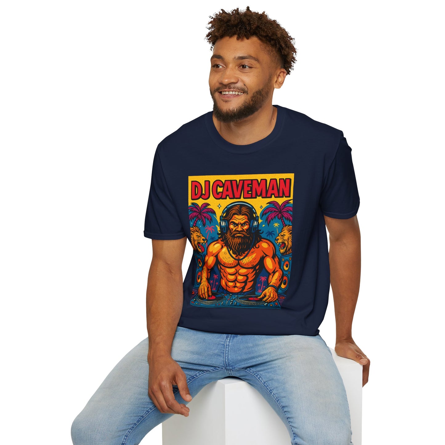 DJ Caveman T-Shirt Funny Rave Party Tee | Prehistoric Clubbing Shirt for Music Lovers | Gift for DJs and EDM Fans | Caveman Aesthetic Shirt