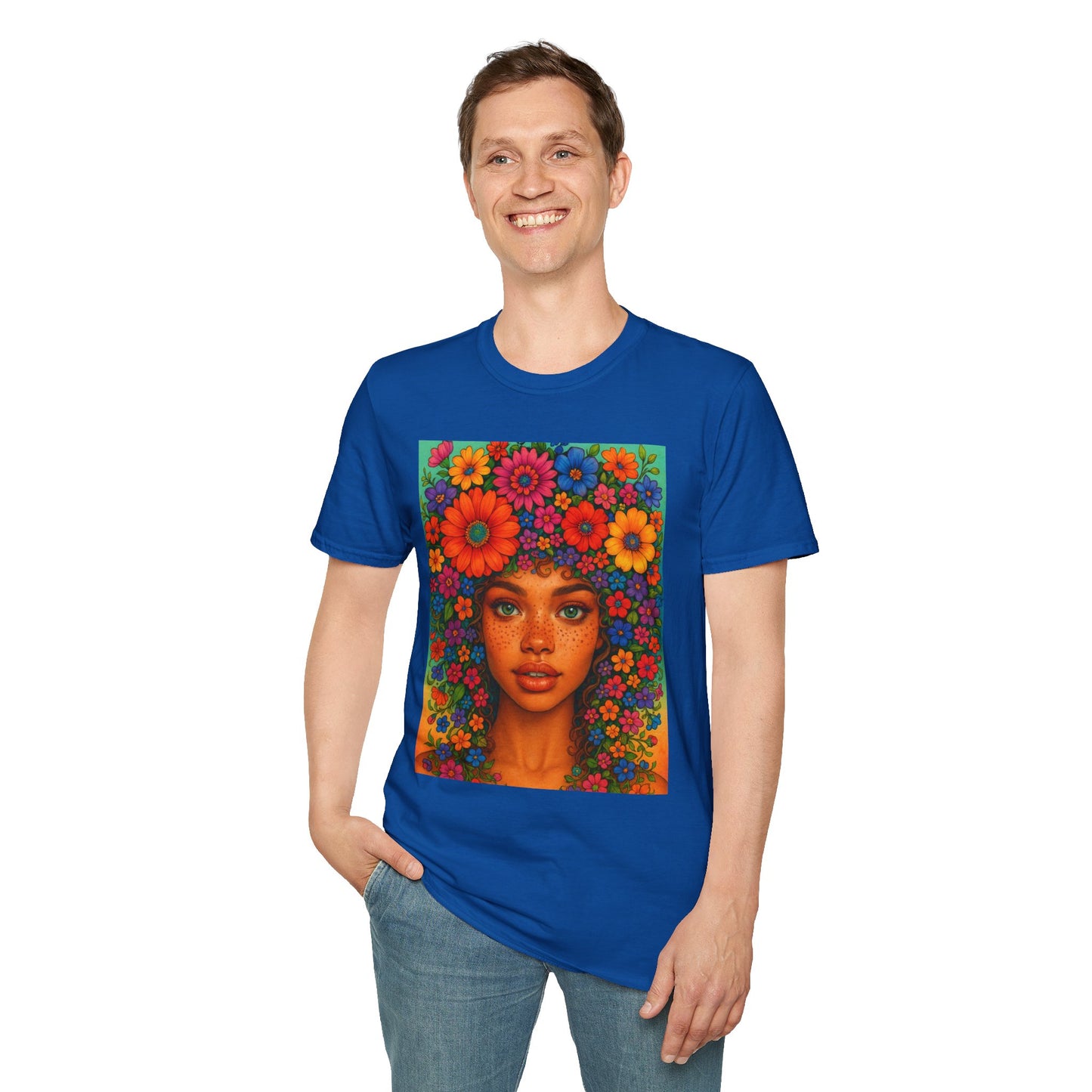 Flower Crown Woman T-Shirt – Afro Boho Floral Portrait Tee – Vibrant Art Shirt Gift for Nature Lovers, Hippies, Artists, and Bold Aesthetic Queens