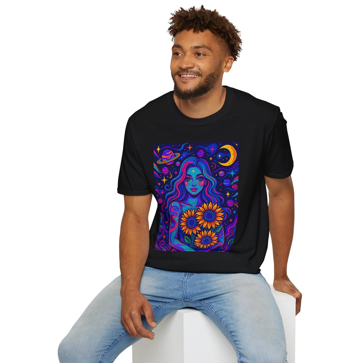 Psychedelic Sunflower Girl Shirt Trippy Space Goddess Tee Gift for Astrology Lovers Cosmic Art T Shirt for Hippies Star Gazers and Moon Magic Fans