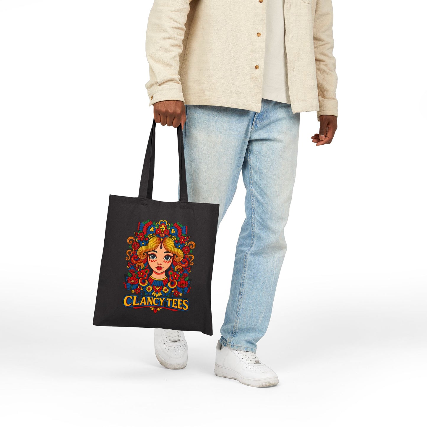 Psychedelic Art Tote Bag With Retro Floral Face Design Groovy Fashion Accessory Everyday Carry Bag Clancy Tees Artwork